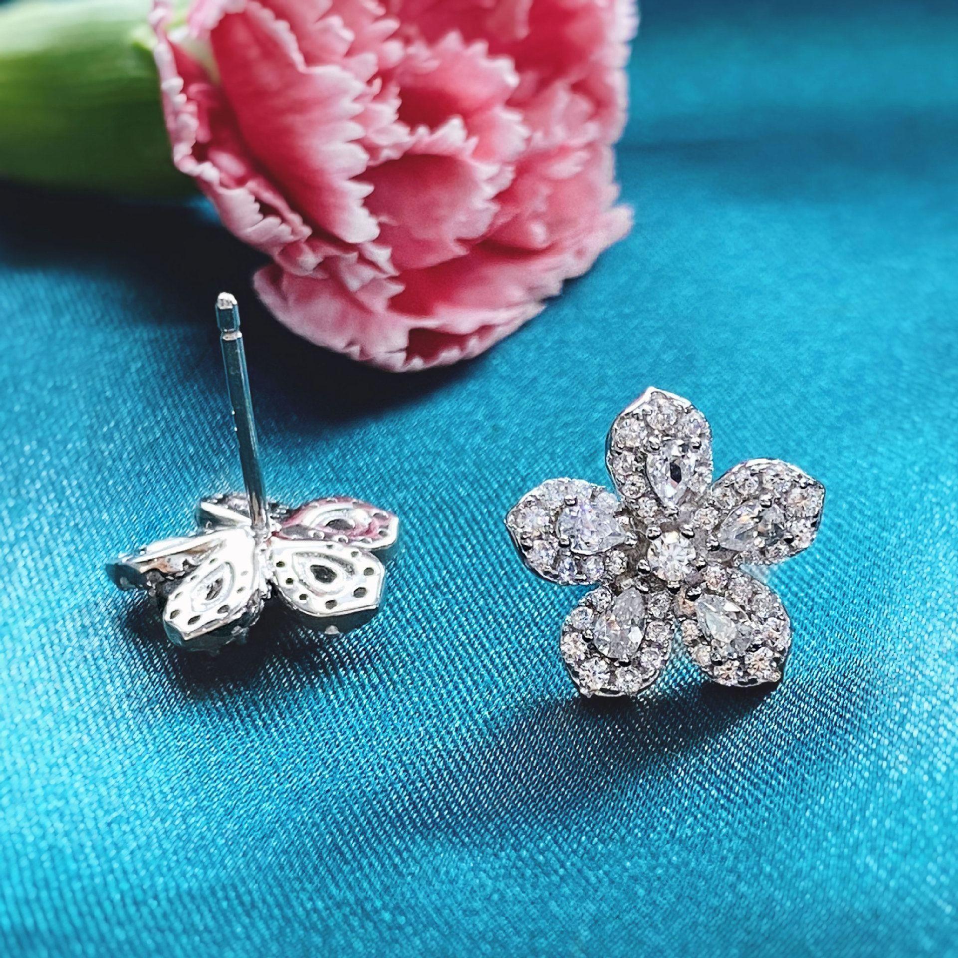 beautiful cz peach blossom flower 925 sterling silver stud earrings