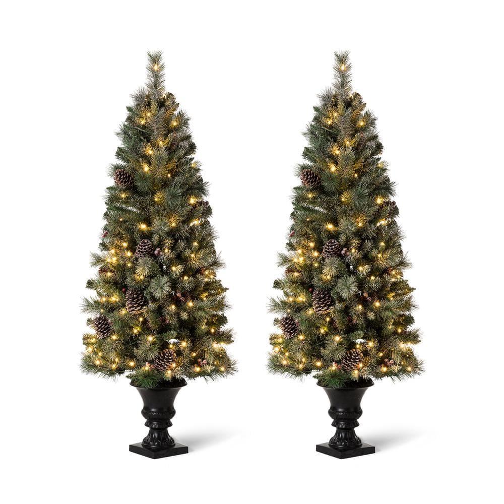 5 ft. Pre-Lit Flocked Pine Artificial Christmas Tree with 130 Warm White Lights (Set of 2)