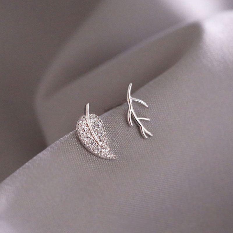 asymmetry cz leaf branch 925 sterling silver stud earrings
