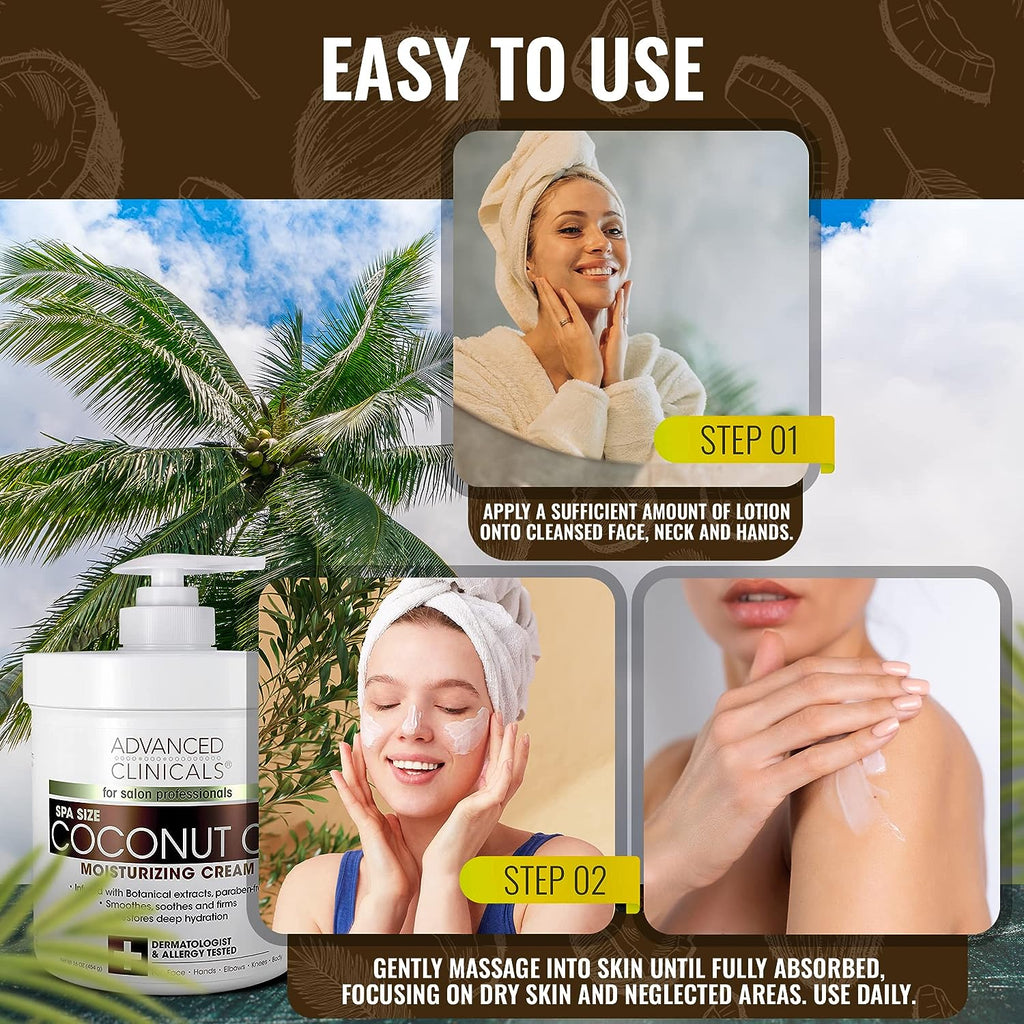Advanced Clinicals Coconut Body Lotion Moisturizing Cream &amp; Face Lotion | Coconut Oil Lotion For Women &amp; Men | Natural Coconut Cream Moisturizer Body Butter Skin Care Balm For Dry Skin, Large 16 Oz