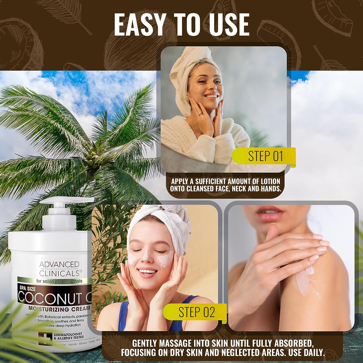 Advanced Clinicals Coconut Body Lotion Moisturizing Cream &amp; Face Lotion | Coconut Oil Lotion For Women &amp; Men | Natural Coconut Cream Moisturizer Body Butter Skin Care Balm For Dry Skin, Large 16 Oz