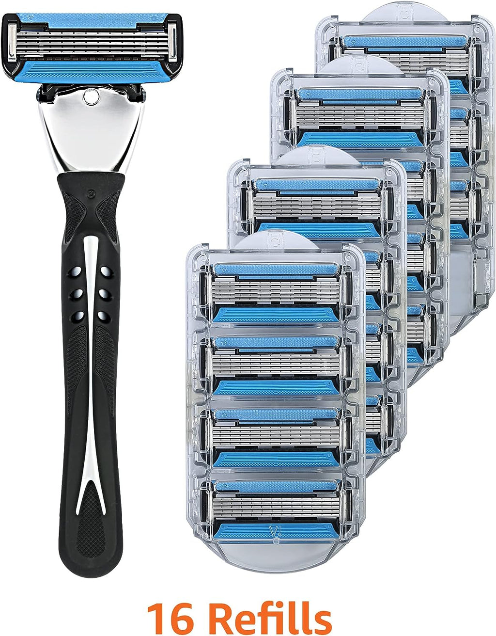 Amazon Basics 5-Blade MotionSphere Razor for Men with Dual Lubrication and Precision Trimmer, Handle &amp; 16 Cartridges, Cartridges fit Amazon Basics Razor Handles only, 17 Piece Set, Black