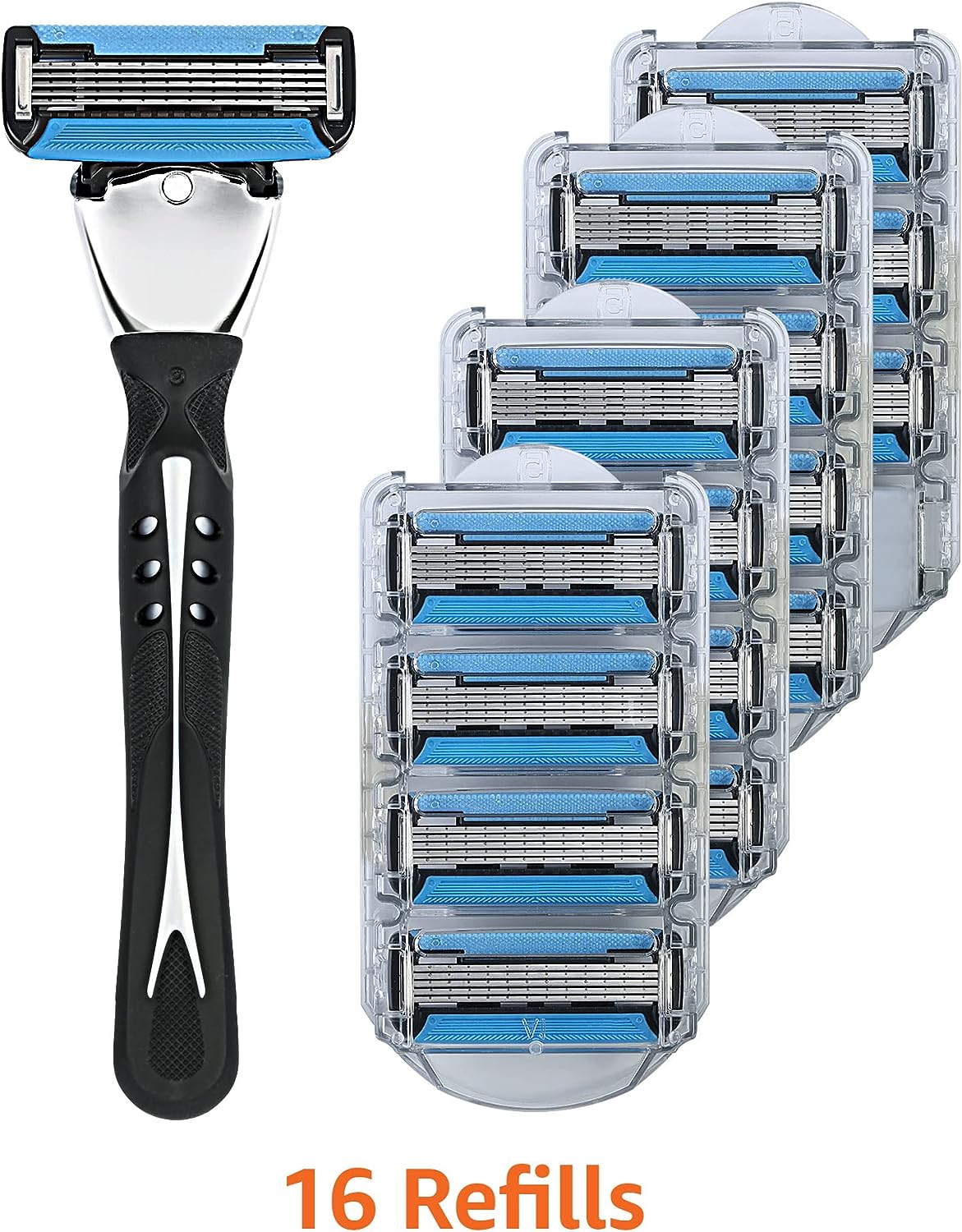Amazon Basics 5-Blade MotionSphere Razor for Men with Dual Lubrication and Precision Trimmer, Handle &amp; 16 Cartridges, Cartridges fit Amazon Basics Razor Handles only, 17 Piece Set, Black