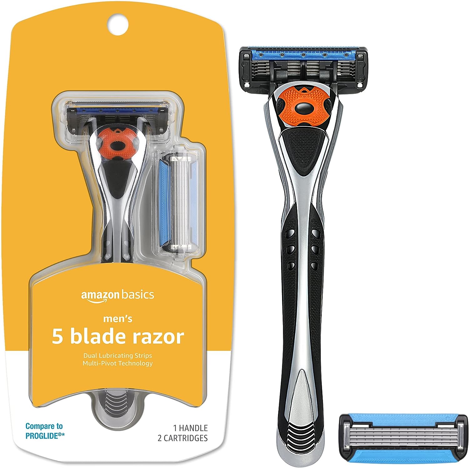 Amazon Basics 5-Blade Motion Sphere Razor for Men with Dual Lubrication and Precision Beard Trimmer, Handle &amp; 2 Cartridges (Fits Amazon Basics Razor Handles only), Black (Previously Solimo)