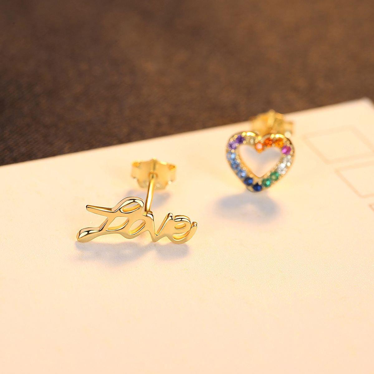 asymmetry colorful cz heart letters 925 sterling silver stud earrings