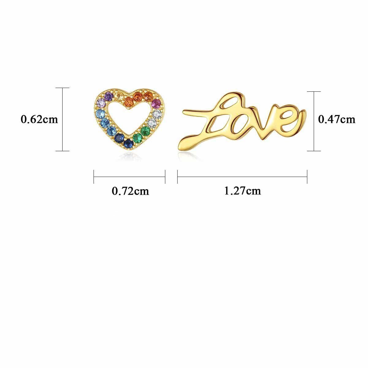 asymmetry colorful cz heart letters 925 sterling silver stud earrings