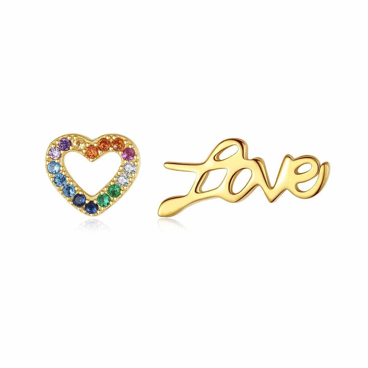 asymmetry colorful cz heart letters 925 sterling silver stud earrings