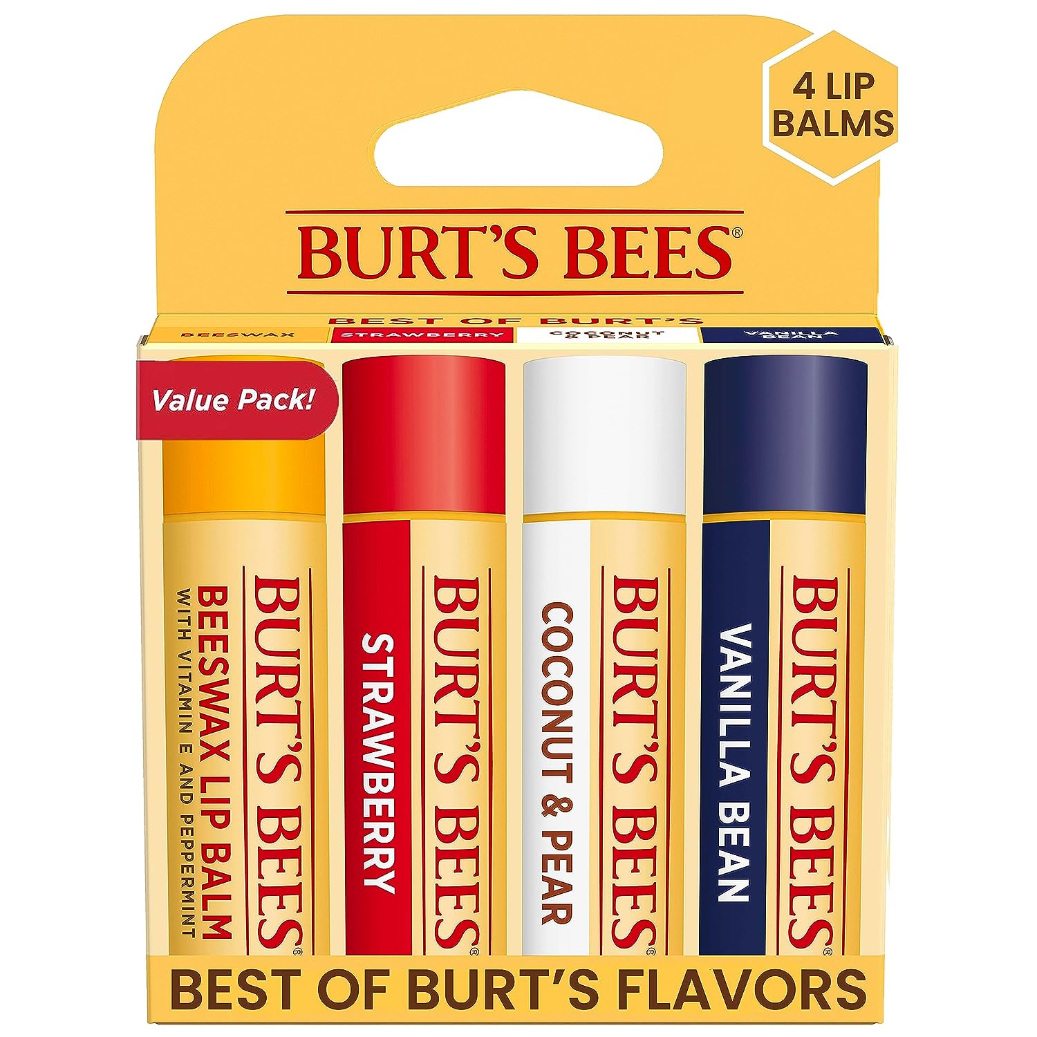 Burt's Bees Lip Balm, Moisturizing Lip Care, for All Day Hydration, 100% Natural, Original Beeswax, Strawberry, Coconut &amp; Pear &amp; Vanilla (4 Pack)
