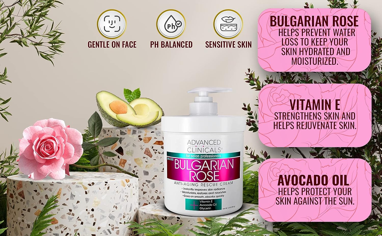 Advanced Clinicals Bulgarian Rose Rescue Cream, Anti-Aging Face &amp; Body Moisturizer for Dry Skin, 16 Oz