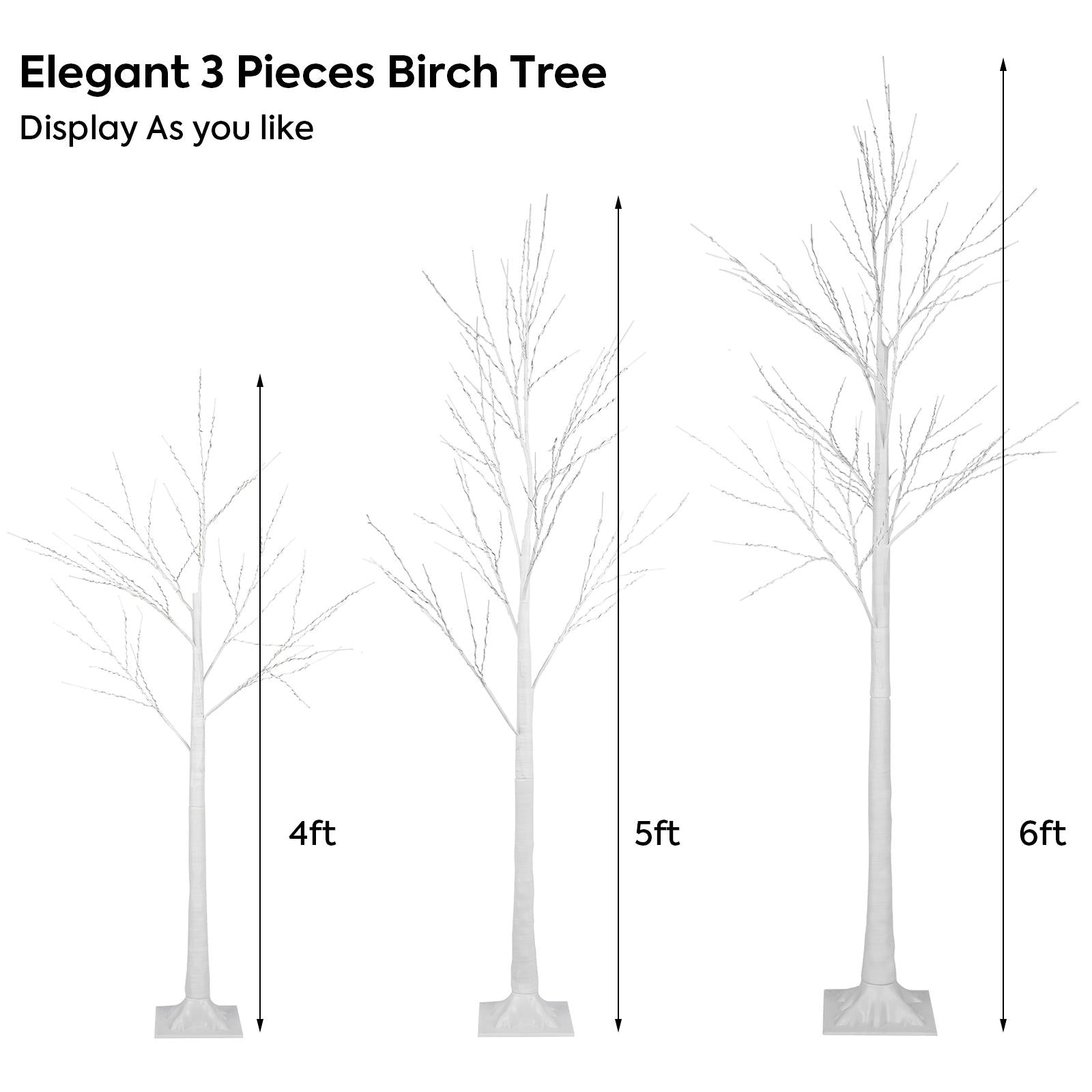 3PCS White Christmas Tree, 4FT 5FT 6FT Prelit Birth Tree Set with LED Lights, Lighted Artificial Christmas Tree for Holiday Xmas Party Decoration Indoor Outdoor Decor