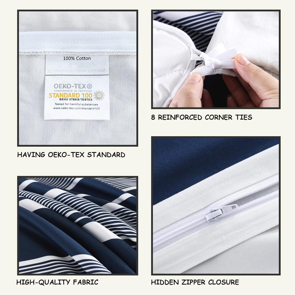 Bedduvit Navy Duvet Cover Queen - Cotton Duvet Cover Queen Size,3 Piece Percale Striped Duvet Cover Queen Sets,Simple Modern Queen Duvet Cover with Zipper Closure &amp; 8 Ties