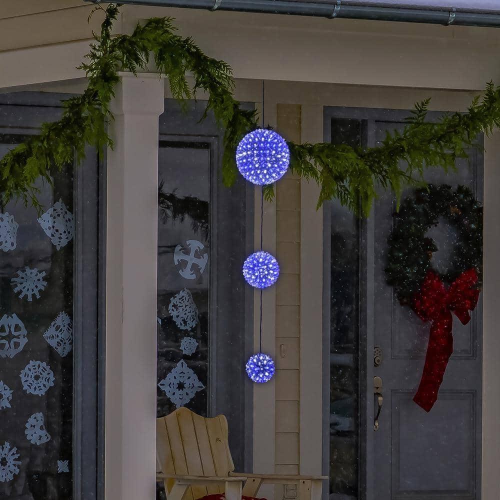 37 in. Tall 3-Tier Christmas Ornaments With Chasing Blue and White LED Lights