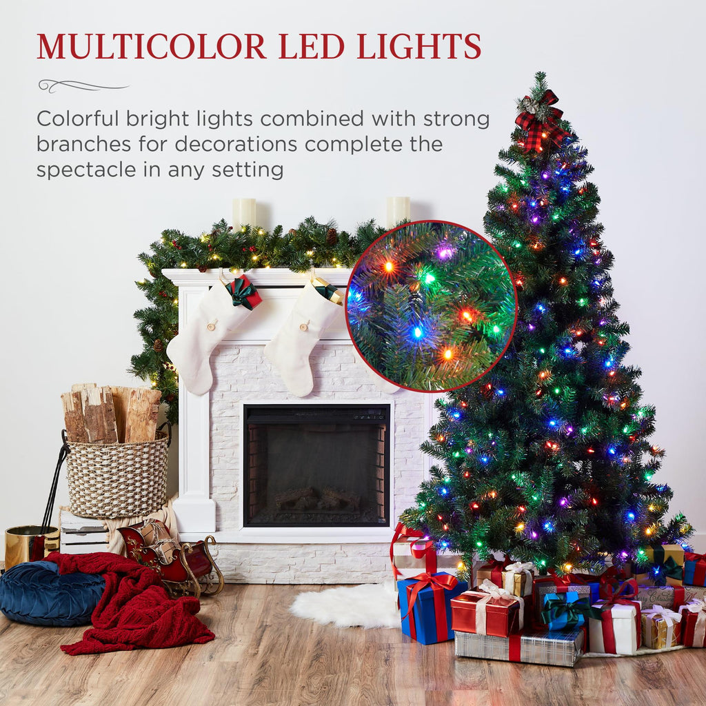 6ft Pre-Lit Spruce Hinged Artificial Christmas Tree w/ 250 Multicolored Lights, Foldable Stand