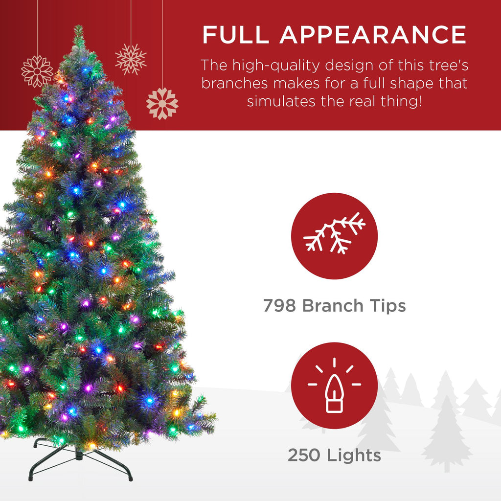 6ft Pre-Lit Spruce Hinged Artificial Christmas Tree w/ 250 Multicolored Lights, Foldable Stand