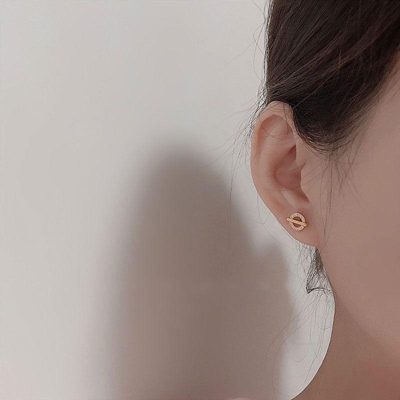 asymmetry irregular round circle cz 925 sterling silver stud earrings