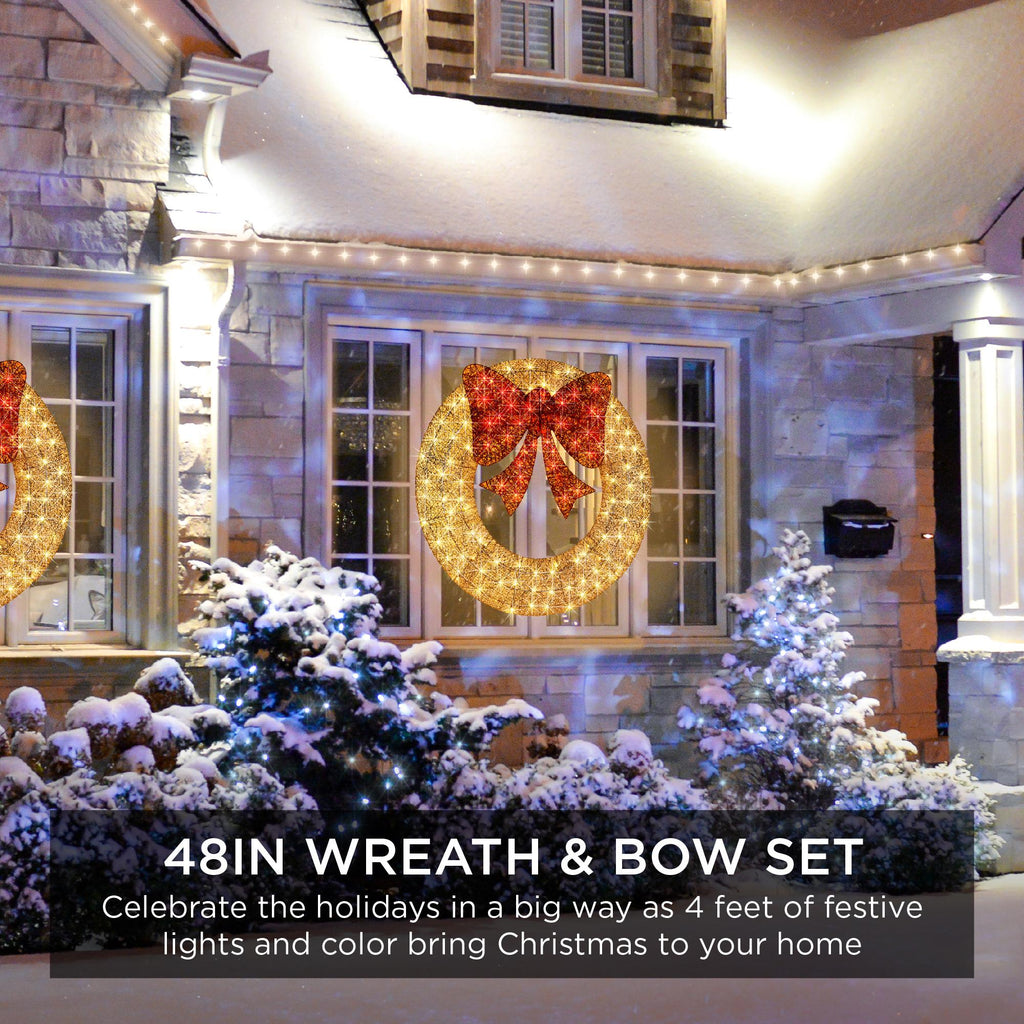 48in Pre-Lit Outdoor Christmas Wreath, LED Metal Holiday Decor w/ 140 Lights, Bow - Gold/Red