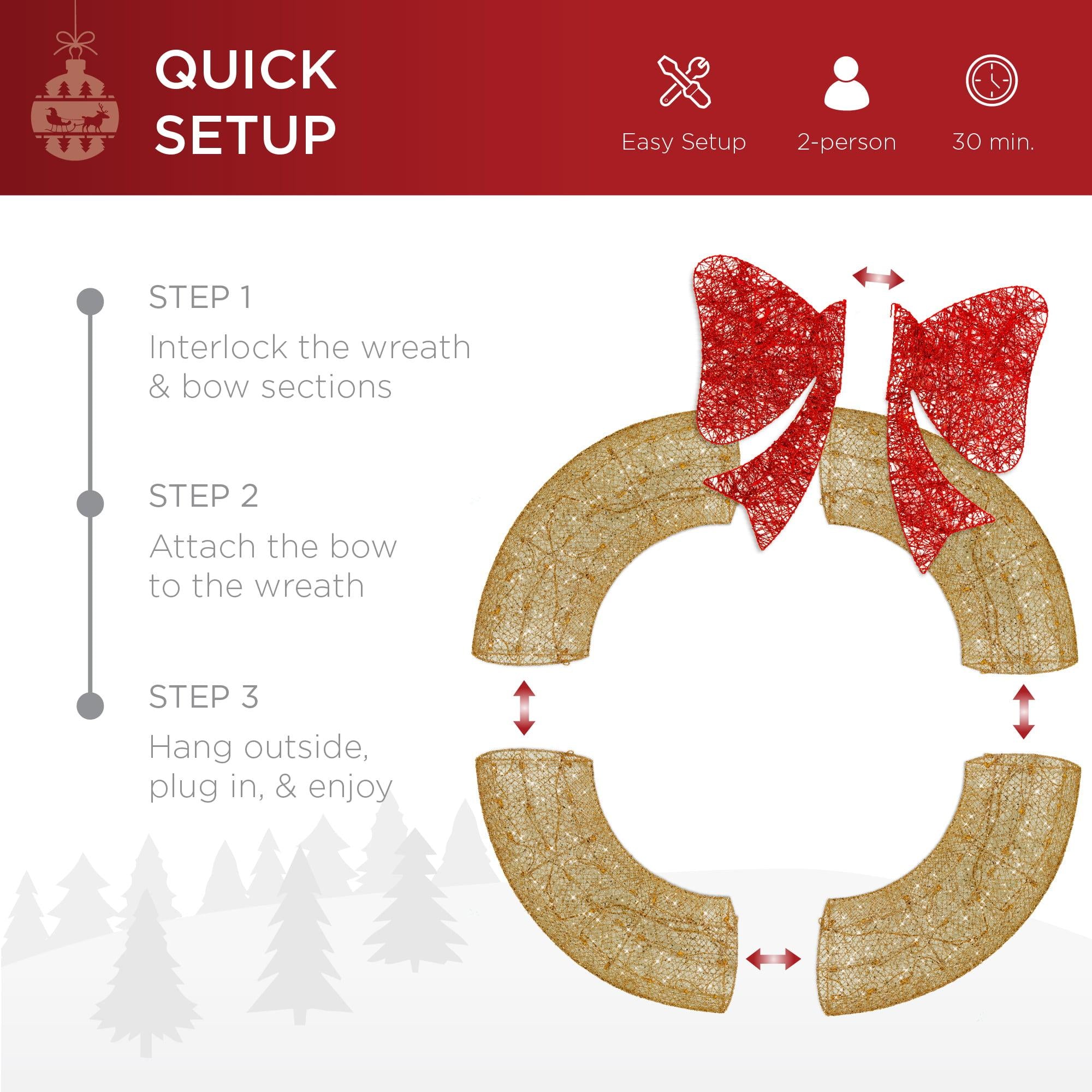 48in Pre-Lit Outdoor Christmas Wreath, LED Metal Holiday Decor w/ 140 Lights, Bow - Gold/Red