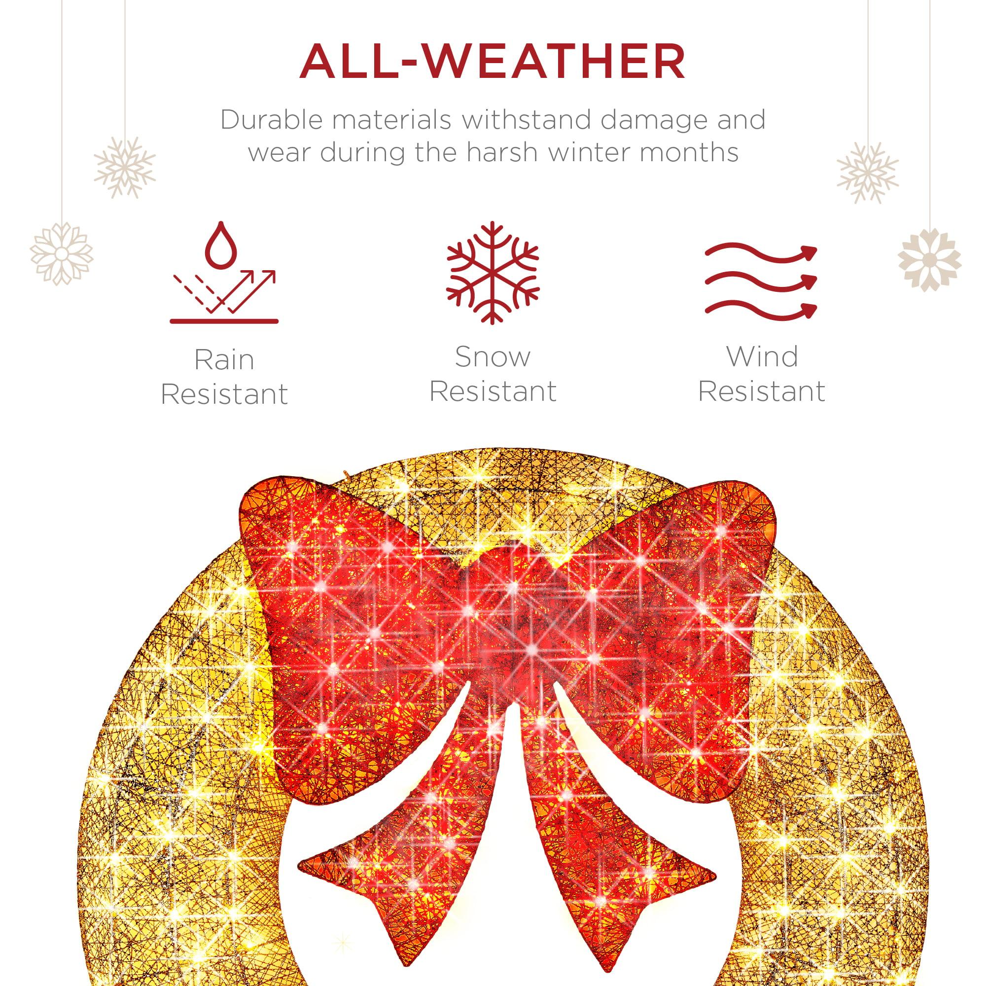 48in Pre-Lit Outdoor Christmas Wreath, LED Metal Holiday Decor w/ 140 Lights, Bow - Gold/Red