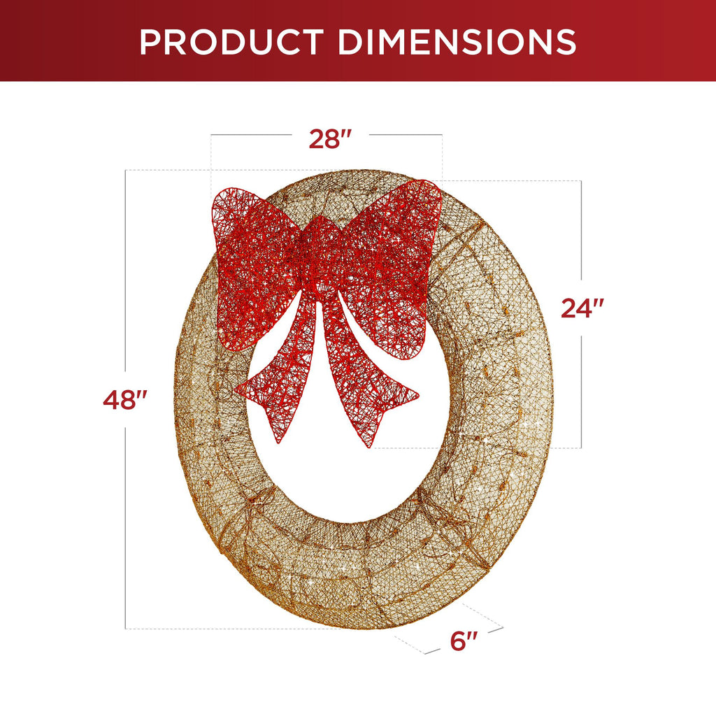 48in Pre-Lit Outdoor Christmas Wreath, LED Metal Holiday Decor w/ 140 Lights, Bow - Gold/Red