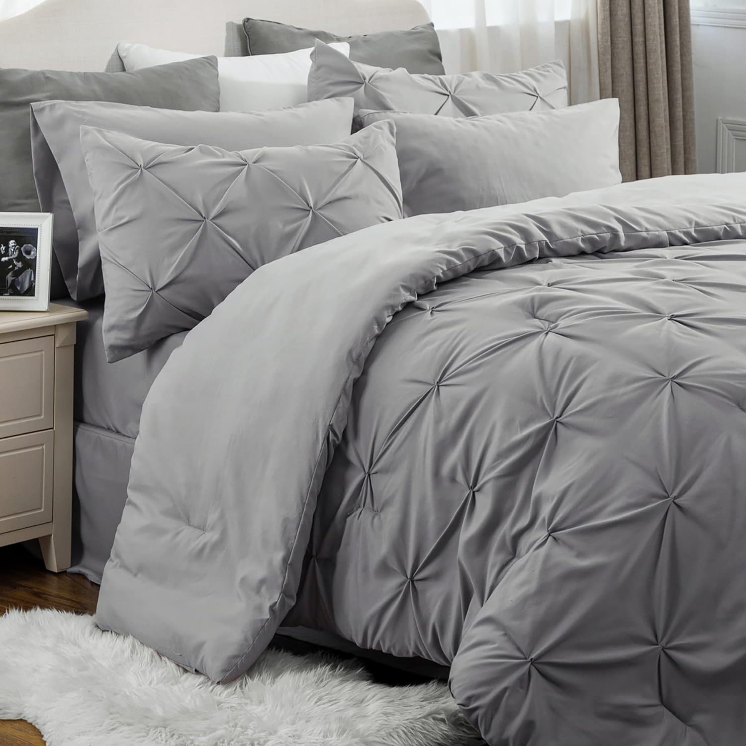 Bedsure Queen Comforter Set - 7 Pieces Comforters Queen Size Grey, Pintuck Bedding Sets Queen for All Season, Bed in a Bag with Flat Sheet and Fitted Sheet, Pillowcases &amp; Shams