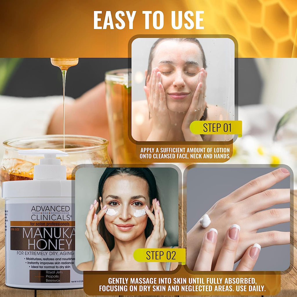 Advanced Clinicals Manuka Honey Cream Face Moisturizer &amp; Body Butter Lotion For Dry Skin | Firming &amp; Hydrating Miracle Balm Skin Care Moisturizing Lotion For Women, Wrinkles, &amp; Sun Damaged Skin, 16Oz
