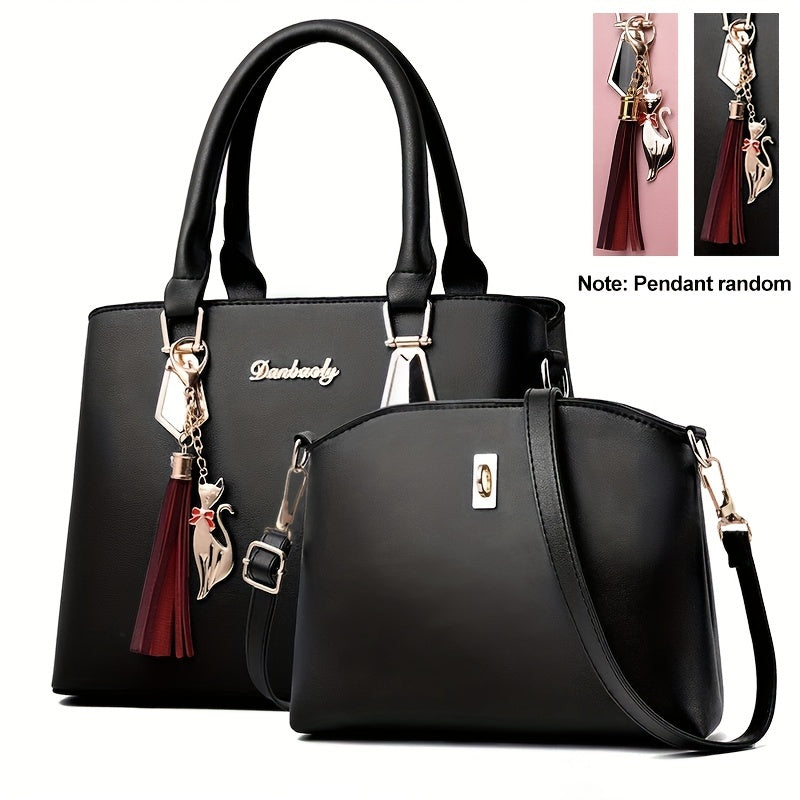 2pcs PU Leather Bag Set, Tassel Decor Handbag &amp; Crossbody Bag, Women's Office &amp; Work Purse