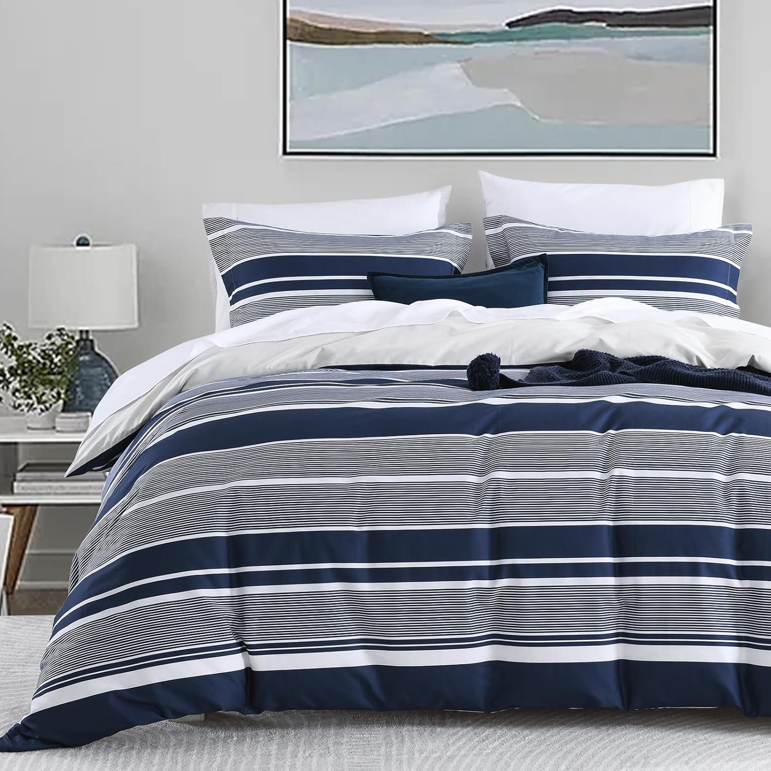Bedduvit Navy Duvet Cover Queen - Cotton Duvet Cover Queen Size,3 Piece Percale Striped Duvet Cover Queen Sets,Simple Modern Queen Duvet Cover with Zipper Closure &amp; 8 Ties