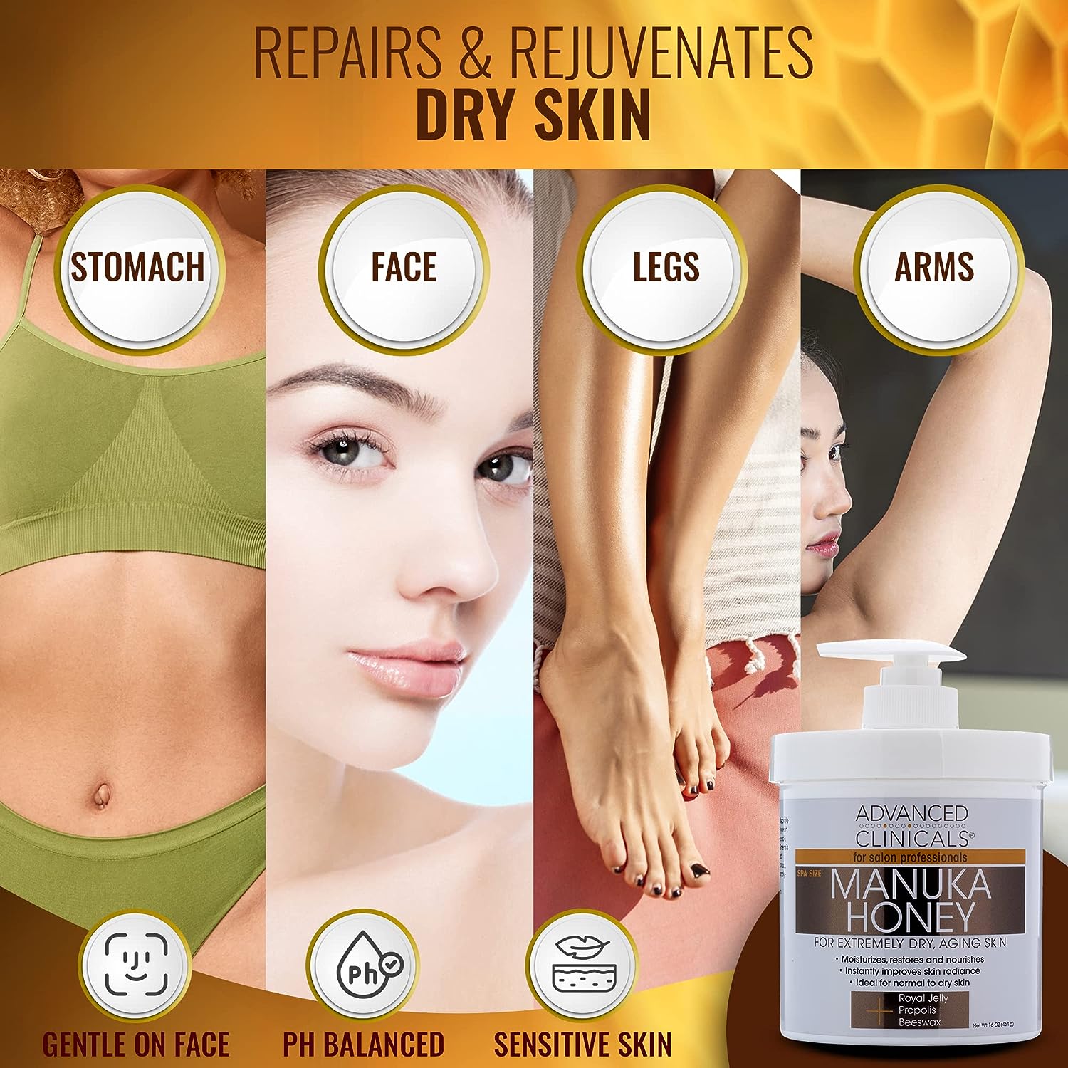 Advanced Clinicals Manuka Honey Cream Face Moisturizer &amp; Body Butter Lotion For Dry Skin | Firming &amp; Hydrating Miracle Balm Skin Care Moisturizing Lotion For Women, Wrinkles, &amp; Sun Damaged Skin, 16Oz