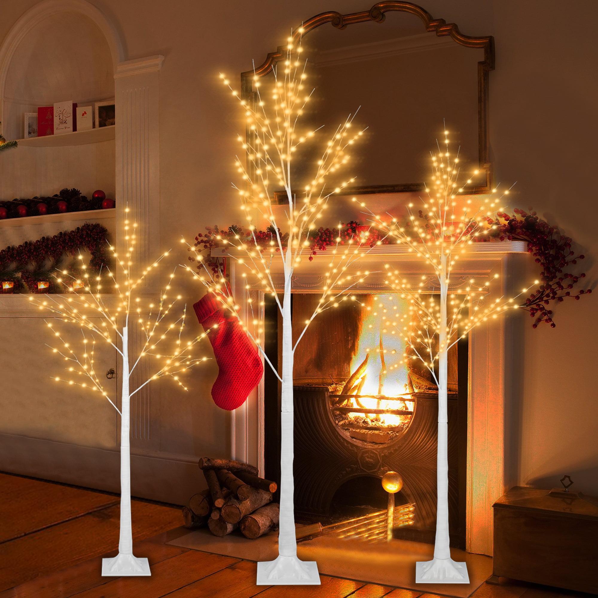 Birch Tree with Lights, 3 Pieces White Artificial Christmas Birch Trees, 4ft/5ft/6ft, Prelit Birch Twig Tree Lights Christmas Lights Ornament for Indoor Outdoor, TE1140