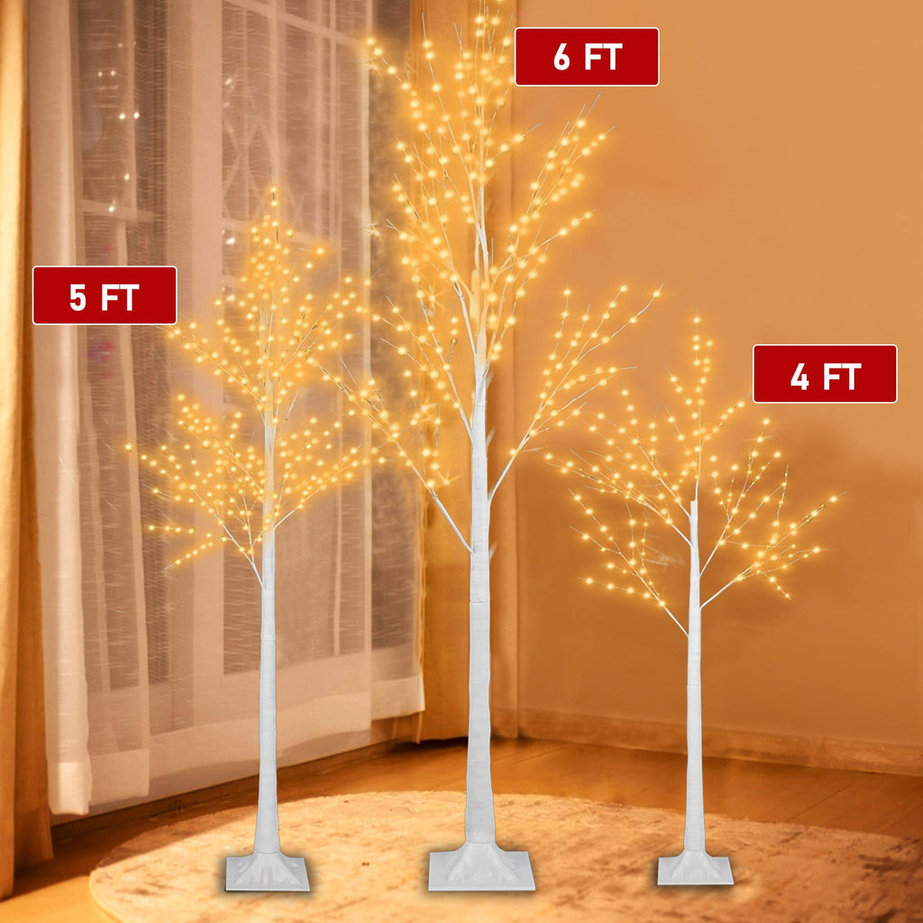 Birch Tree with Lights, 3 Pieces White Artificial Christmas Birch Trees, 4ft/5ft/6ft, Prelit Birch Twig Tree Lights Christmas Lights Ornament for Indoor Outdoor, TE1140