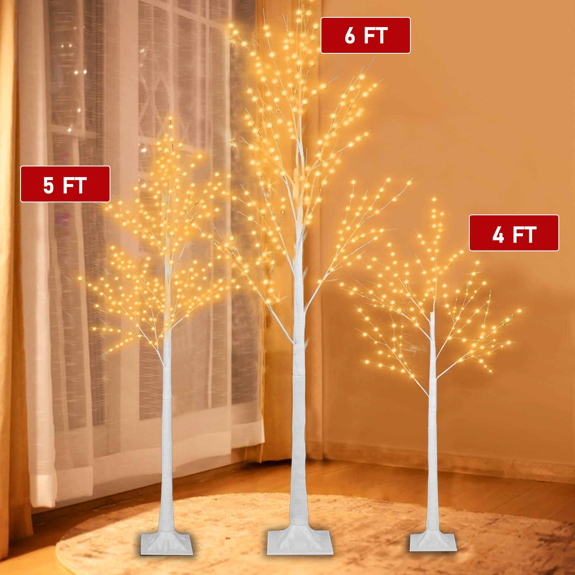 Birch Tree with Lights, 3 Pieces White Artificial Christmas Birch Trees, 4ft/5ft/6ft, Prelit Birch Twig Tree Lights Christmas Lights Ornament for Indoor Outdoor, TE1140
