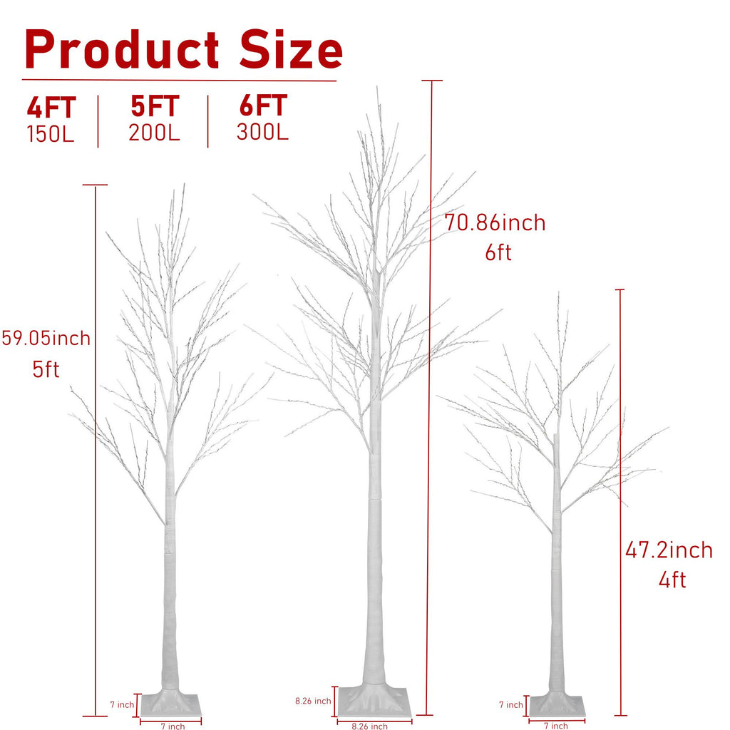 Birch Tree with Lights, 3 Pieces White Artificial Christmas Birch Trees, 4ft/5ft/6ft, Prelit Birch Twig Tree Lights Christmas Lights Ornament for Indoor Outdoor, TE1140
