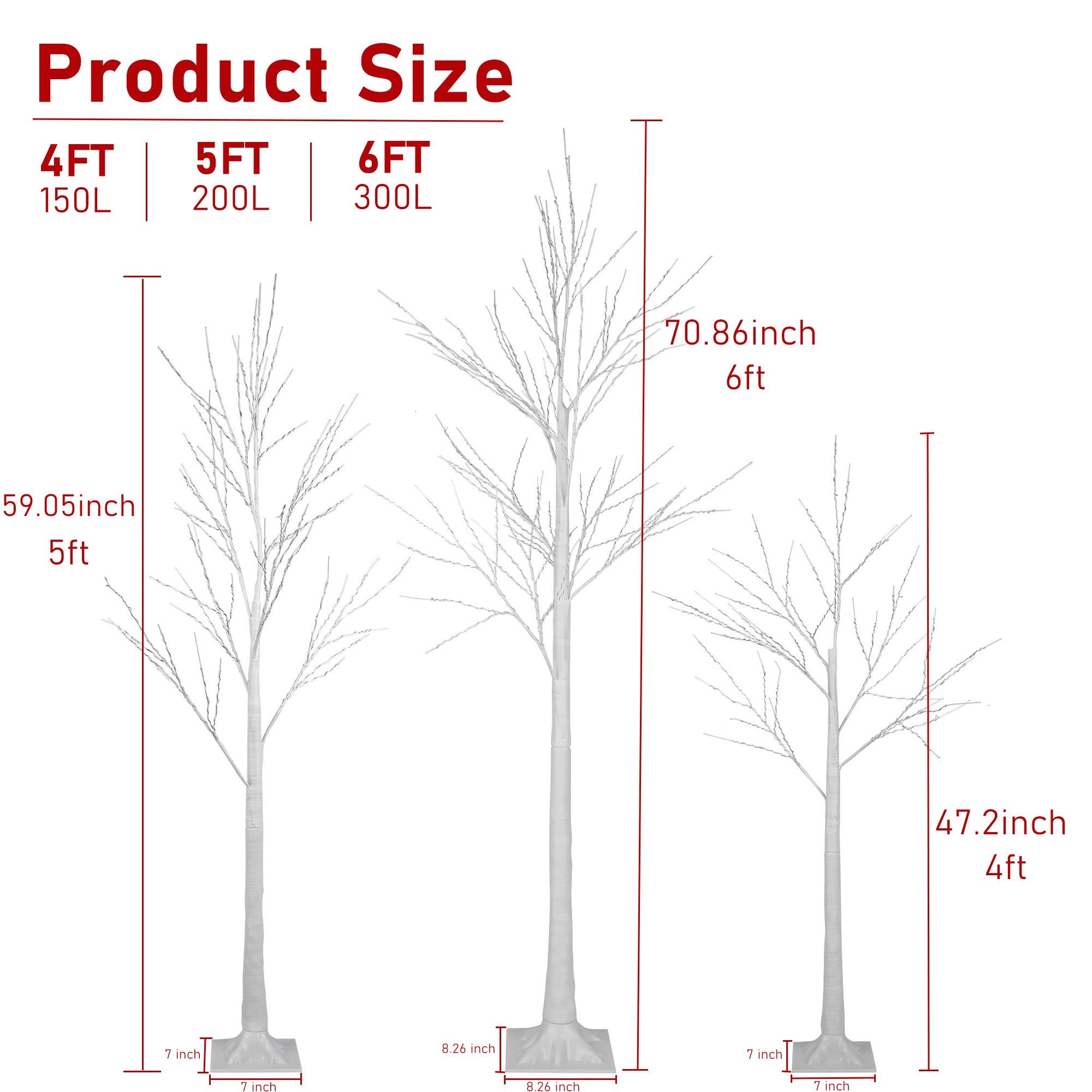 Birch Tree with Lights, 3 Pieces White Artificial Christmas Birch Trees, 4ft/5ft/6ft, Prelit Birch Twig Tree Lights Christmas Lights Ornament for Indoor Outdoor, TE1140