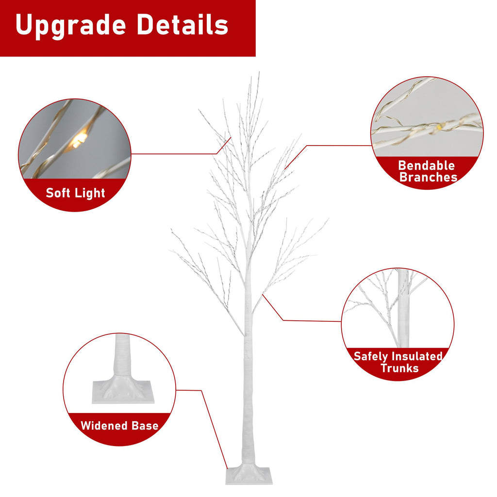 Birch Tree with Lights, 3 Pieces White Artificial Christmas Birch Trees, 4ft/5ft/6ft, Prelit Birch Twig Tree Lights Christmas Lights Ornament for Indoor Outdoor, TE1140