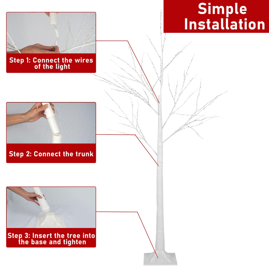 Birch Tree with Lights, 3 Pieces White Artificial Christmas Birch Trees, 4ft/5ft/6ft, Prelit Birch Twig Tree Lights Christmas Lights Ornament for Indoor Outdoor, TE1140