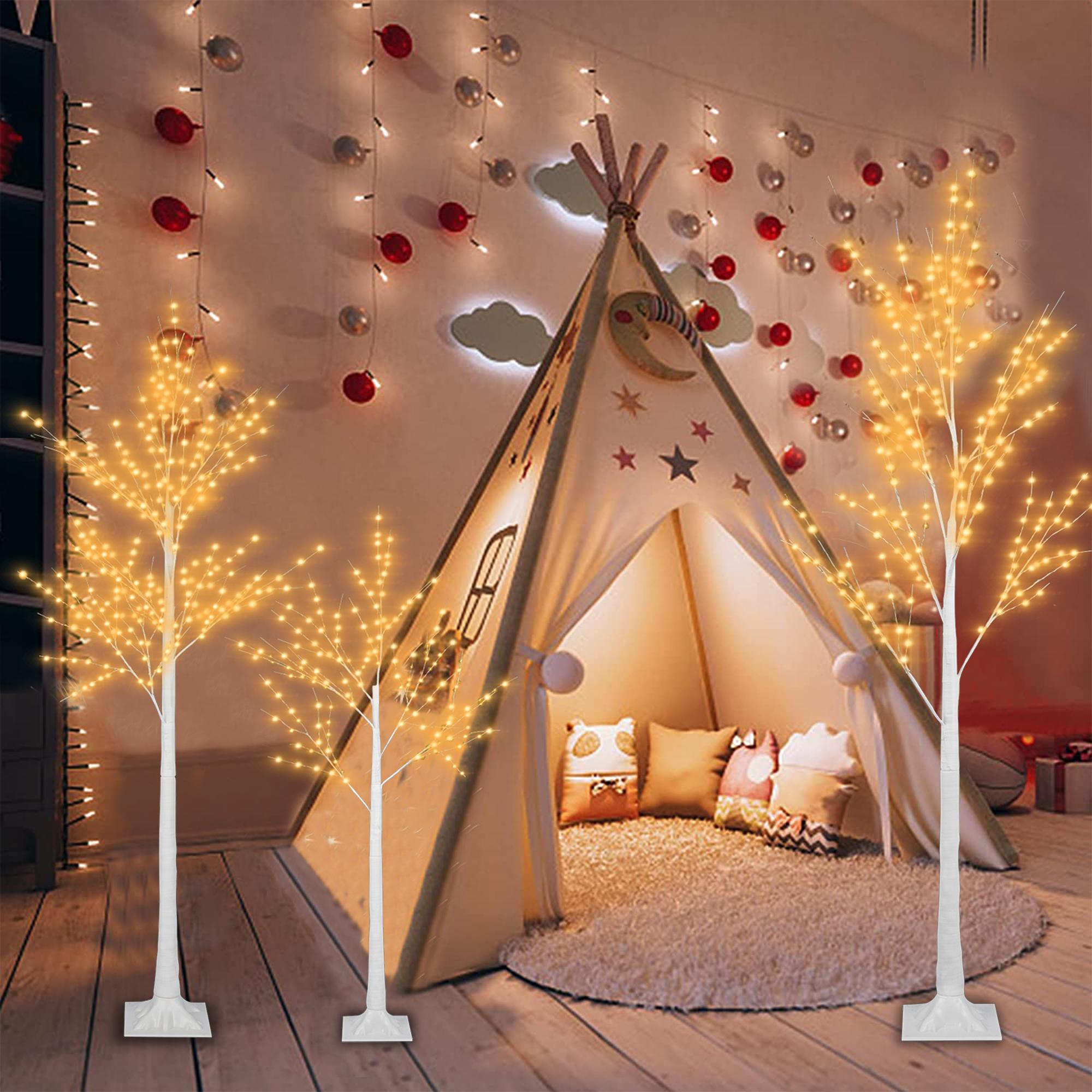 Birch Tree with Lights, 3 Pieces White Artificial Christmas Birch Trees, 4ft/5ft/6ft, Prelit Birch Twig Tree Lights Christmas Lights Ornament for Indoor Outdoor, TE1140