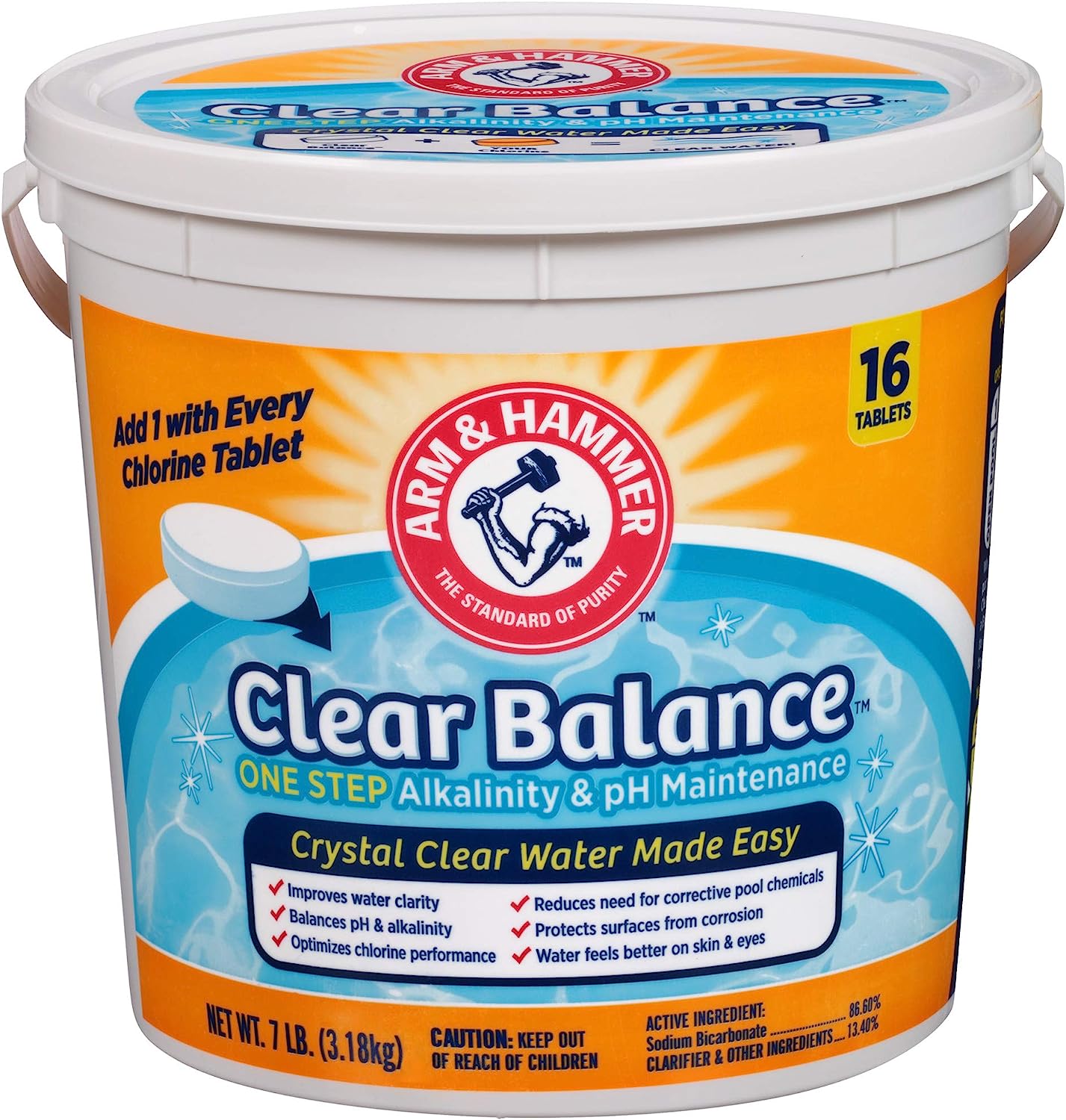 ARM &amp; HAMMER Clear Balance Swimming Pool Alkalinity &amp; pH Maintenance Tablets, White, 1 Pack, 16 Count