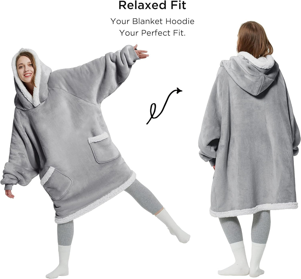 Bedsure Wearable Blanket Hoodie - Sherpa Fleece Hooded Blanket for Adult as A Gift, Warm &amp; Comfortable Blanket Sweatshirt with Giant Pocket both Indoors and Outdoors (Standard, Grey)