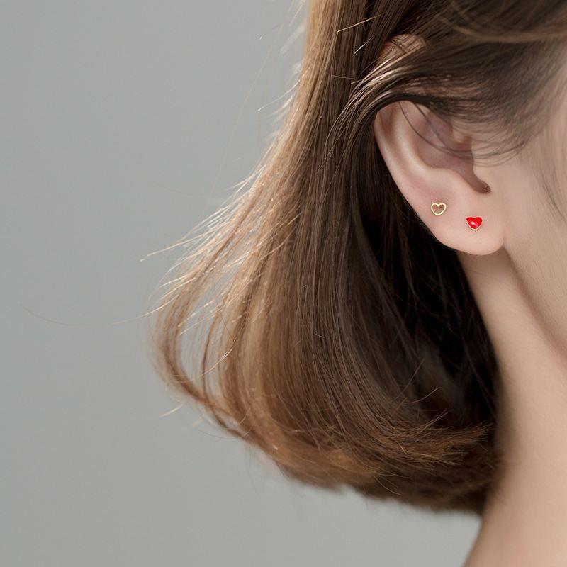 asymmetry red heart hollow 25 sterling silver stud gold plated earrings