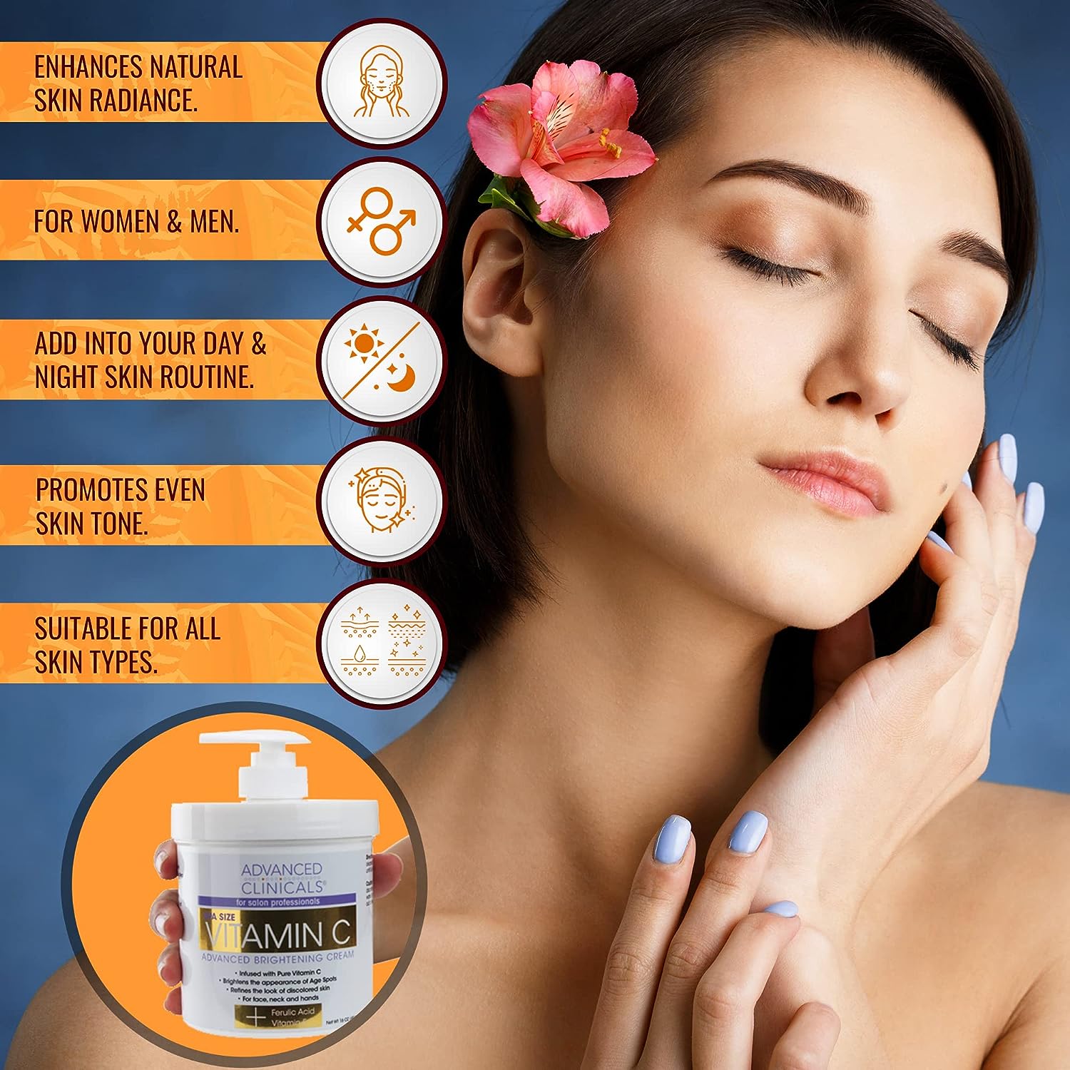 Advanced Clinicals Vitamin C Face &amp; Body Cream Moisturizing Skin Care Lotion, Anti Aging Vitamin C Skincare Moisturizer For Body, Face, Age Spots, Wrinkles, &amp; Sun Damaged Skin, Large 16oz (2-Pack)