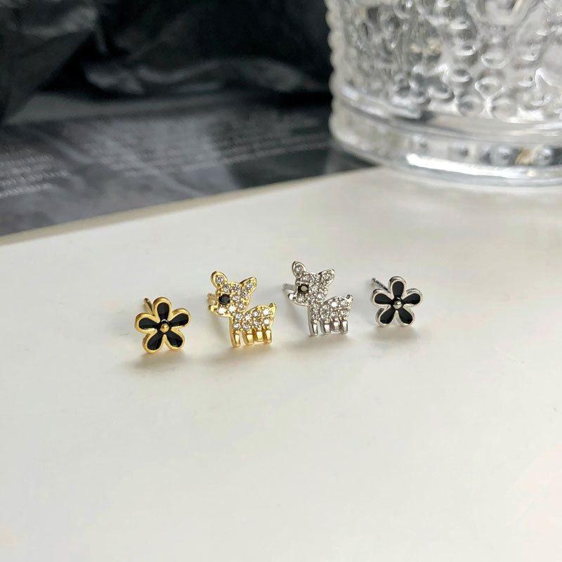 asymmetry black flower cz deer animal 925 sterling silver stud earrings