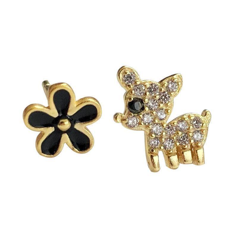 asymmetry black flower cz deer animal 925 sterling silver stud earrings