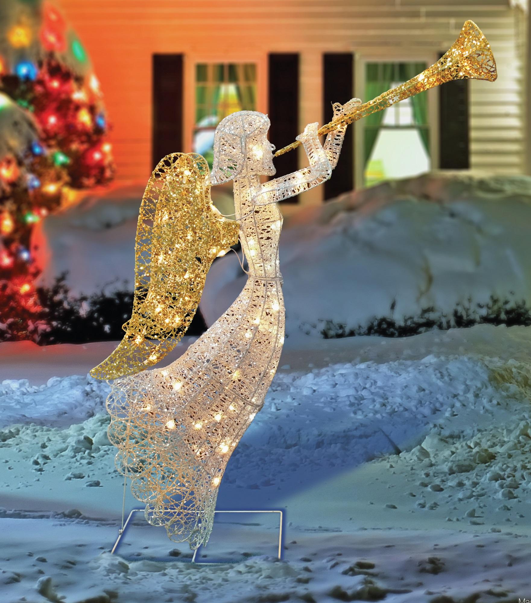 48" Lighted Glittered Silver and Gold Trumpeting Angel Christmas Outdoor Decoration