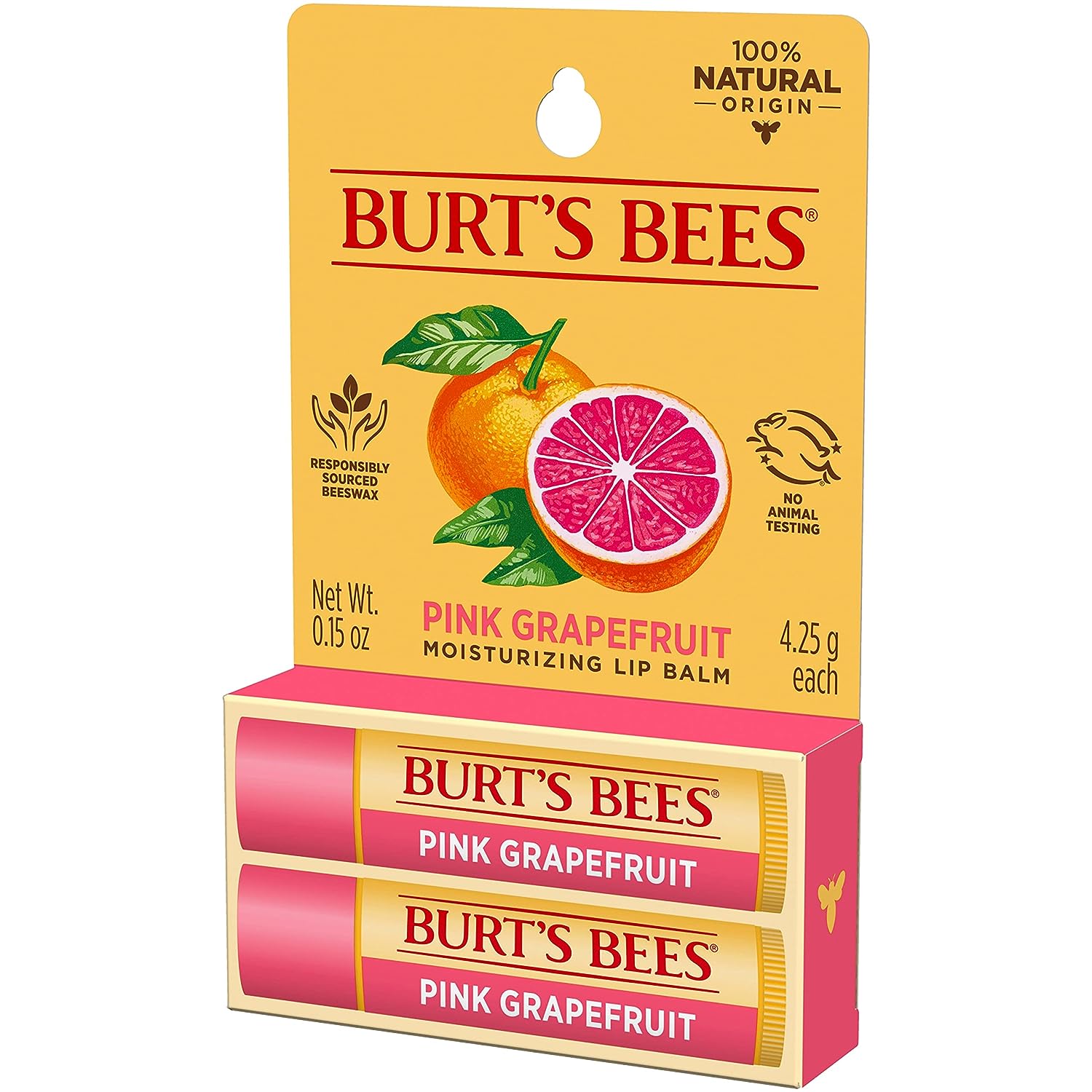 Burt's Bees Lip Balm, Moisturizing Lip Care, for All Day Hydration, 100% Natural, Pink Grapefruit with Beeswax &amp; Fruit Extracts (2 Pack)