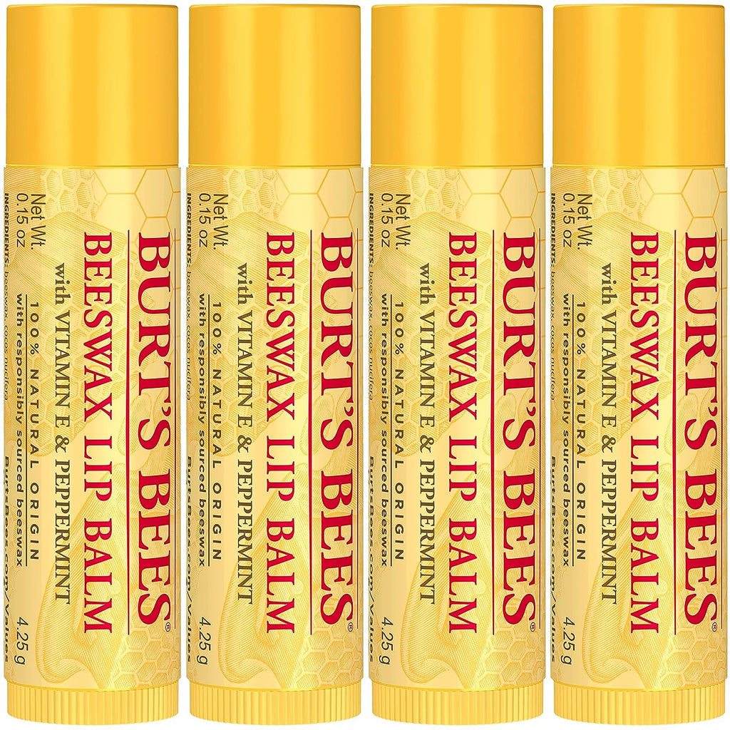 Burt's Bees Lip Balm, Moisturizing Lip Care, for All Day Hydration, 100% Natural, Original Beeswax with Vitamin E &amp; Peppermint Oil (4 Pack)