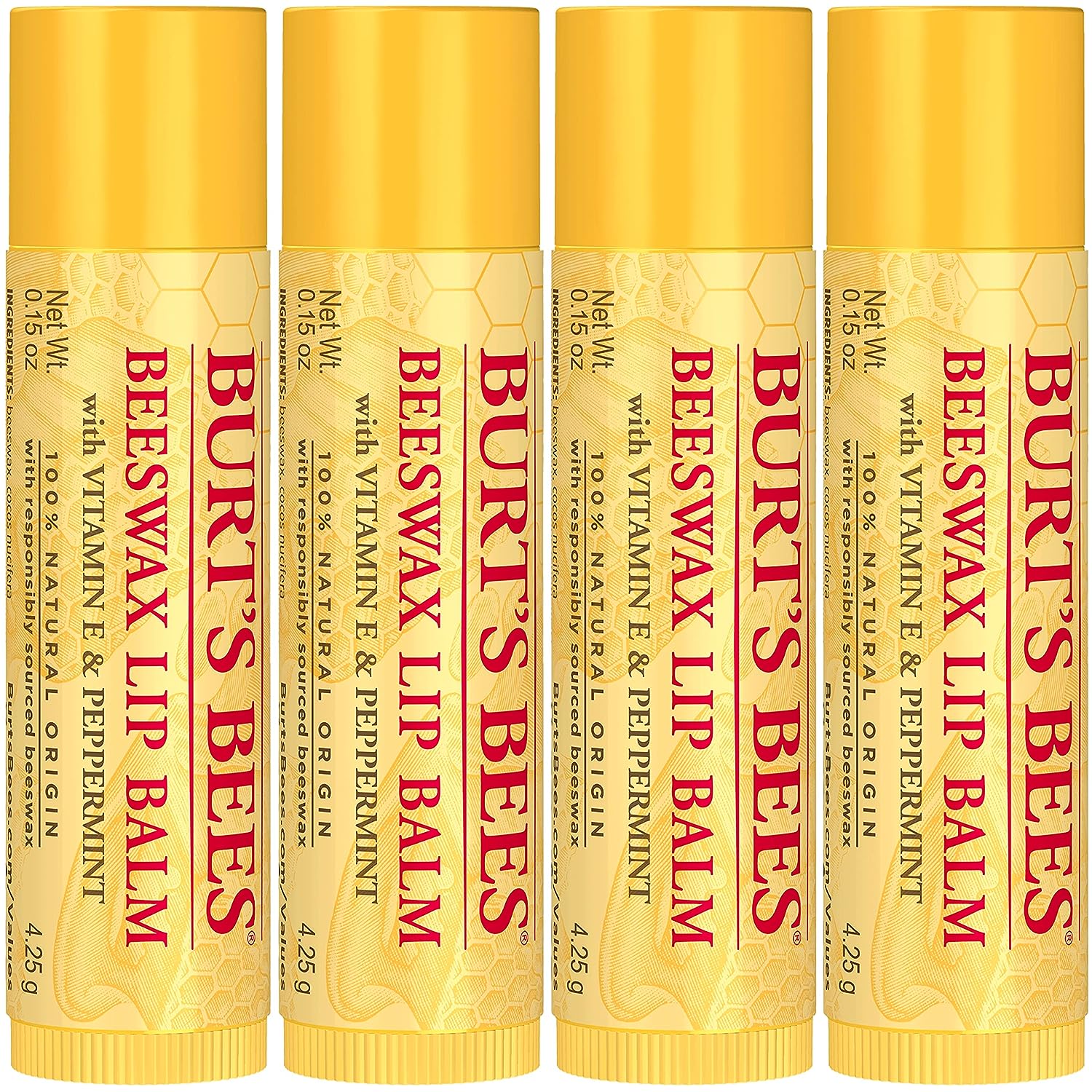 Burt's Bees Lip Balm, Moisturizing Lip Care, for All Day Hydration, 100% Natural, Original Beeswax with Vitamin E &amp; Peppermint Oil (4 Pack)