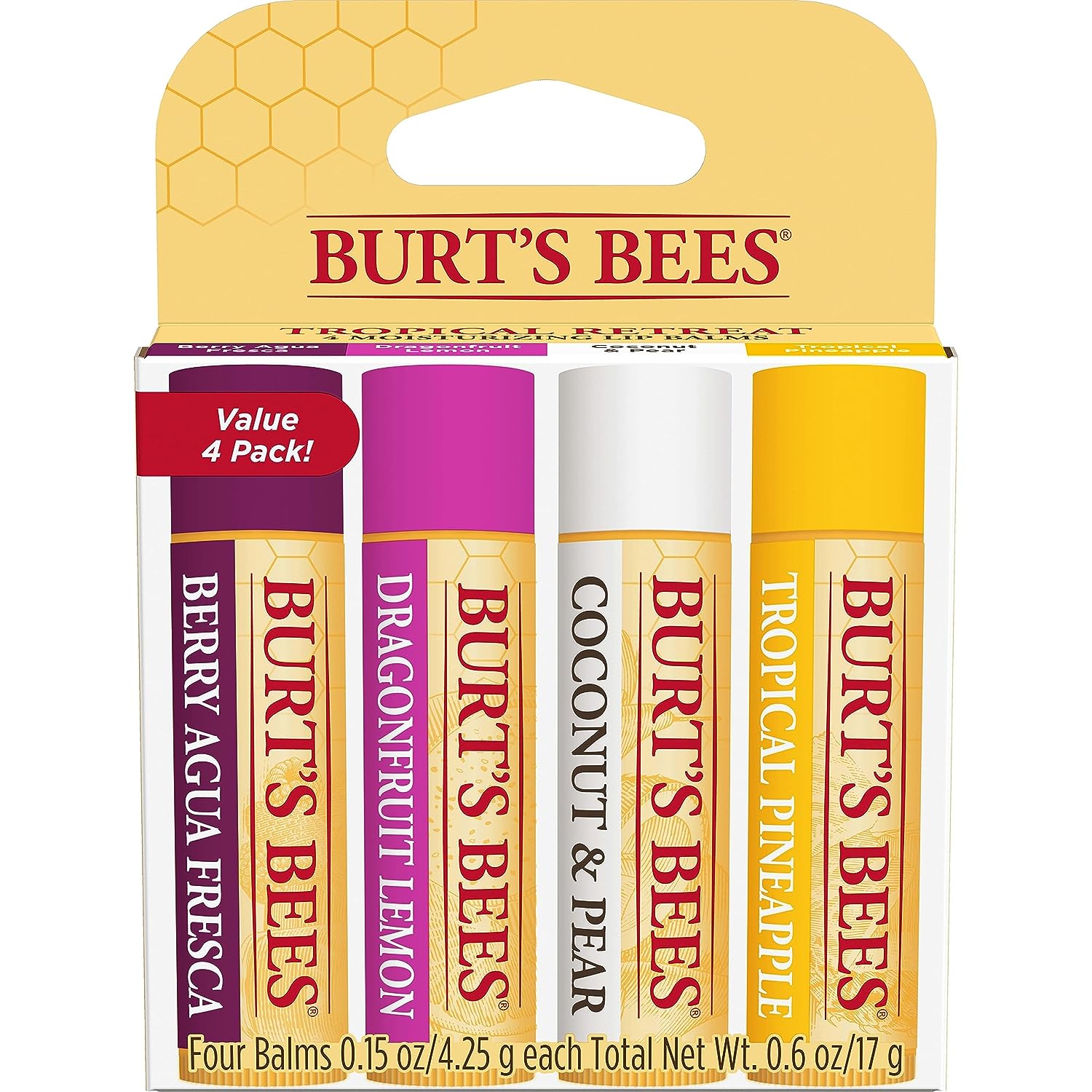 Burt's Bees Lip Balm, Moisturizing Lip Care for All Day Hydration, 100% Natural, Tropical - Pineapple, Berry Agua Fresca, Dragon Fruit &amp; Coconut &amp; Pear (4 Pack)