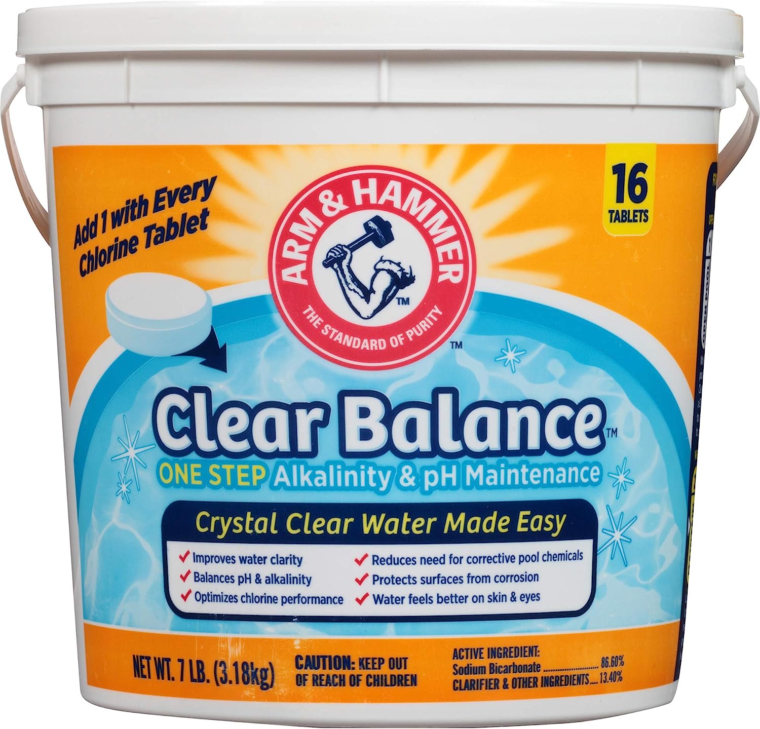 ARM &amp; HAMMER Clear Balance Swimming Pool Alkalinity &amp; pH Maintenance Tablets, White, 1 Pack, 16 Count