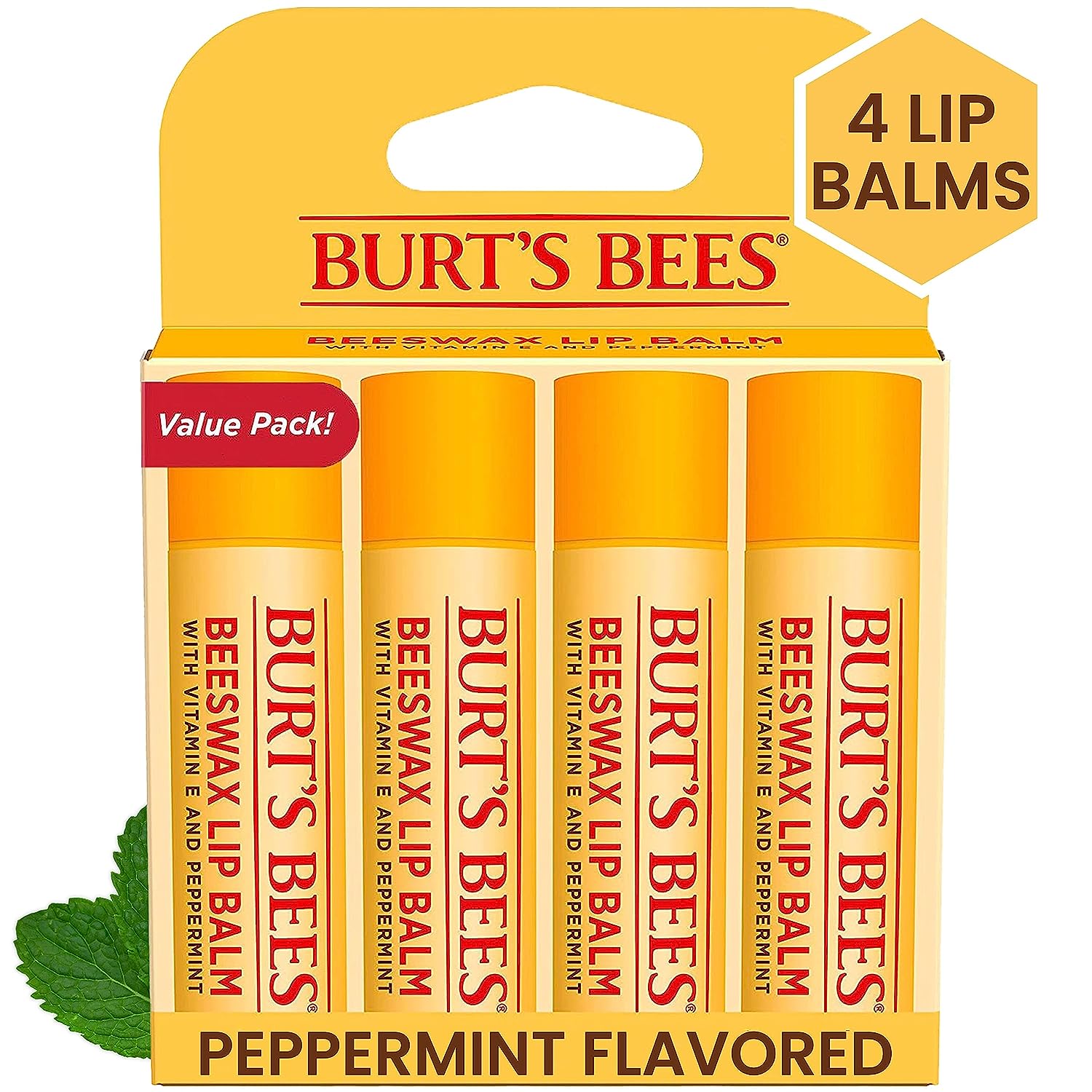 Burt's Bees Lip Balm, Moisturizing Lip Care, for All Day Hydration, 100% Natural, Original Beeswax with Vitamin E &amp; Peppermint Oil (4 Pack)