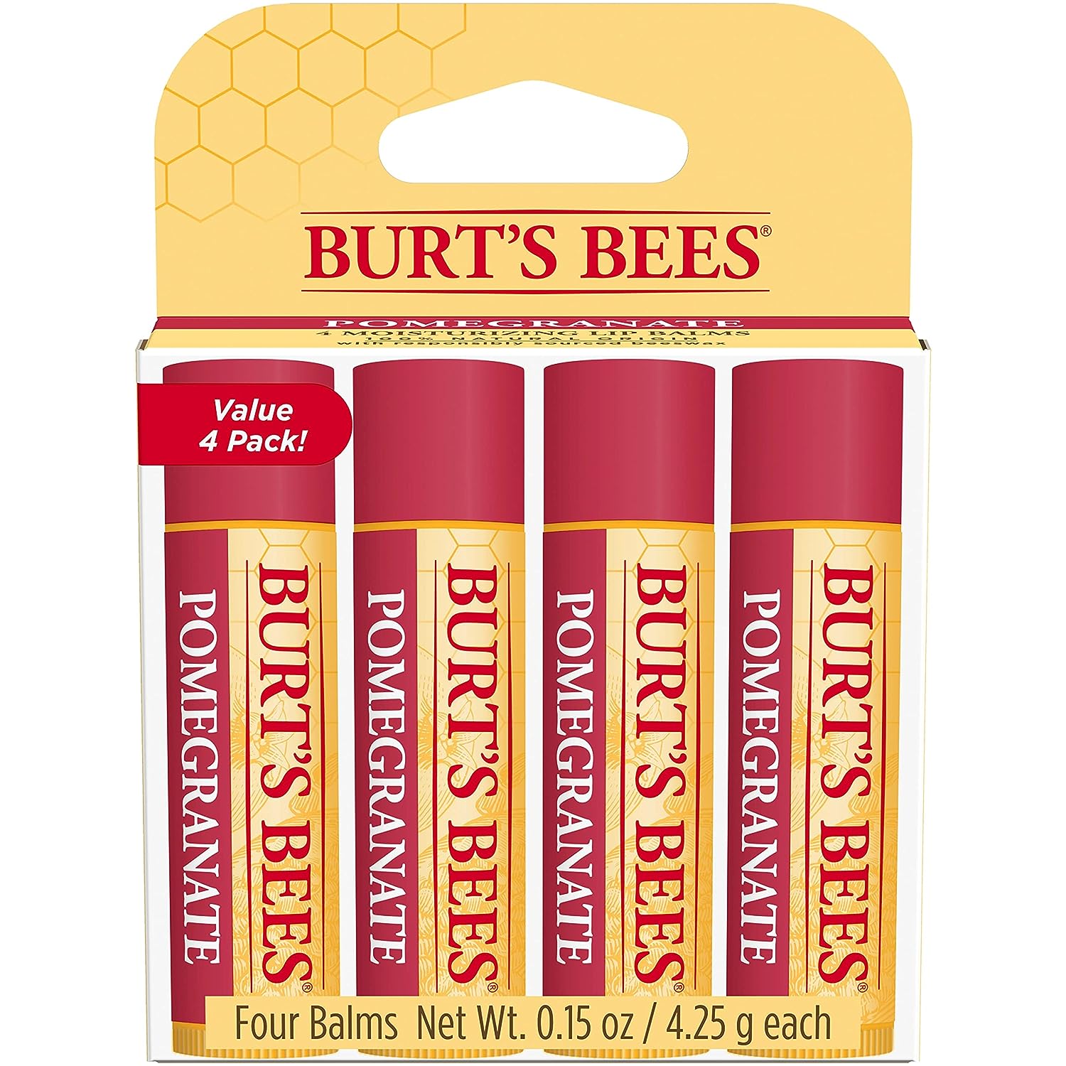 Burt's Bees Lip Balm, Moisturizing Lip Care, All Natural, Original Beeswax with Vitamin E &amp; Peppermint Oil (4 Pack)